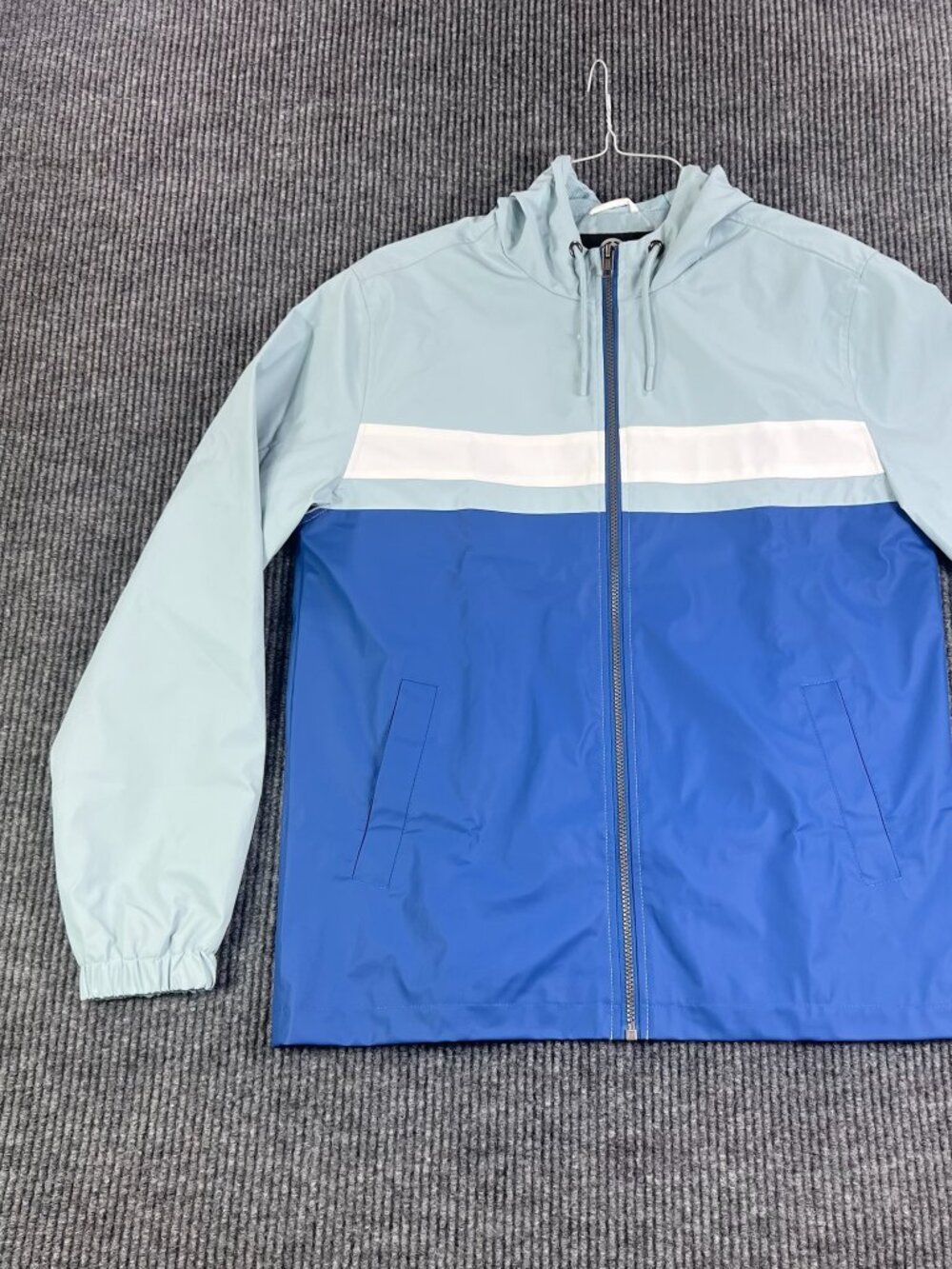 Weatherproof Mens Hooded Windbreaker M | White Blue Waterproof Lightweight NWOT
